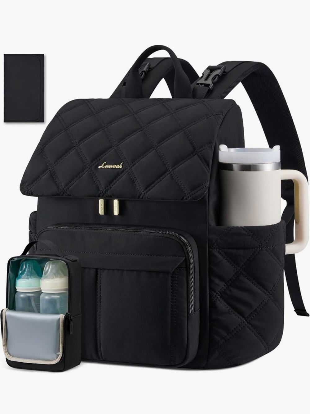 Quilted Black Diaper Backpack with Insulated Bottle Bag And Changing Pad